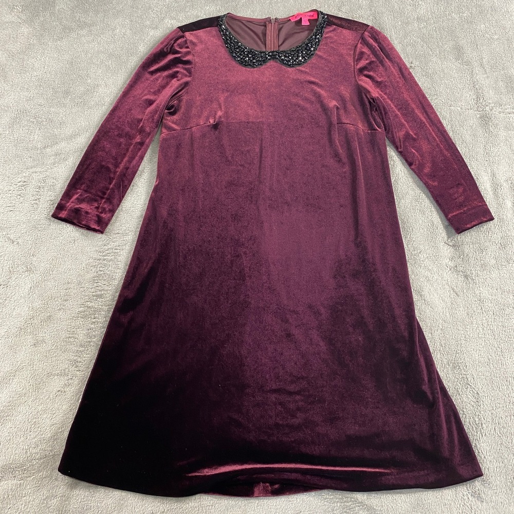 Betsey Johnson Velvet Dress Womens 4 Burgundy Beaded Peter Pan Collar 3/4 Sleeve